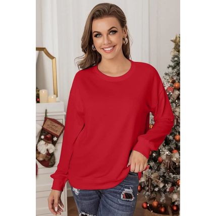 Red Plain Crew Neck Pullover Sweatshirt