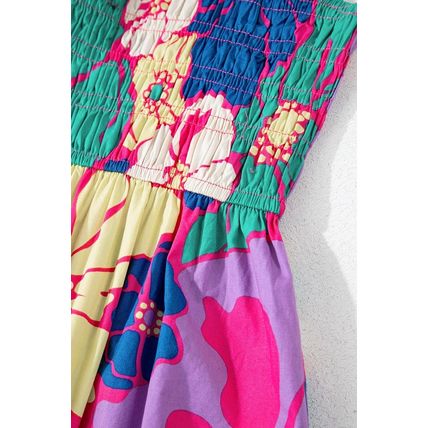 Purple Floral Print Shirred Spaghetti Strap Loose Maxi Dress