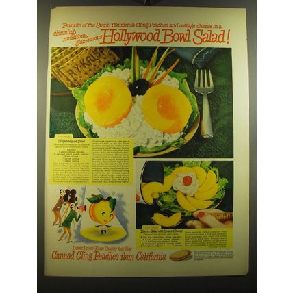 1950 Canned Cling Peaches from California Ad - recipe for Hollywood Bowl Salad