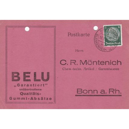 Germany 1936 CR Montenich Bonn Postcard Blankenheim cancel typed VGC