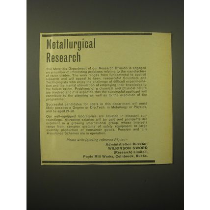 1966 Wilkinson Sword Advertisement - Metallurgical Research
