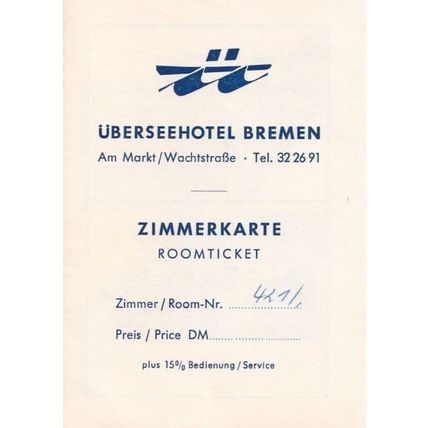 Uberseehotel Bremen Hotel Room Map Ticket Old German Ephemera