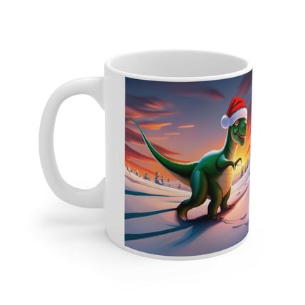 Dinosaur Raptor Rocks Christmas Santa Red Hat Ceramic Mug 11oz Design #2 Mirrore