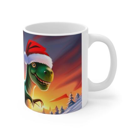 Dinosaur Raptor Rocks Christmas Santa Red Hat Ceramic Mug 11oz Design #1 Mirrore