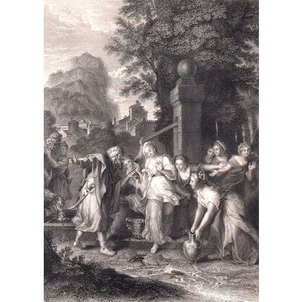REBECCA AT THE WELL 1850s H. Robinson - Antoine Coypel ANTIQUE ENGRAVING
