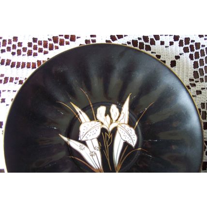 Marked in Gold MADE IN JAPAN Hand Painted Black & White Footed Teacup & Saucer