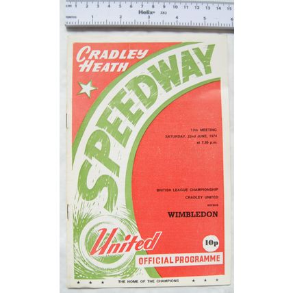 1974 Cradley Heath v Wimbledon Speedway Programme - 22nd June