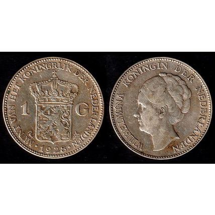 Netherlands One Gulden 1928 1G Used Silver Coin Wilhelmina Dutch