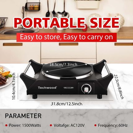 Techwood Hot Plate Portable Electric Stove 1500W Countertop Single Burner with A