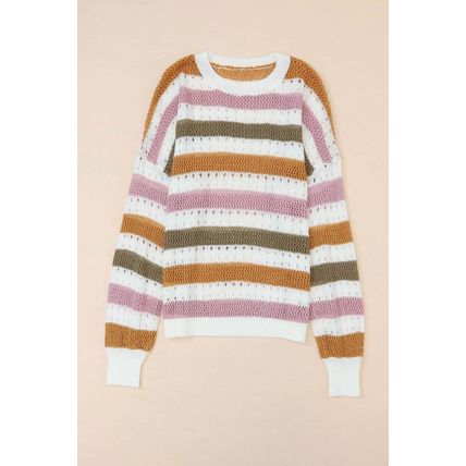 Multicolor Striped Hollowed Knitted Loose Sweater