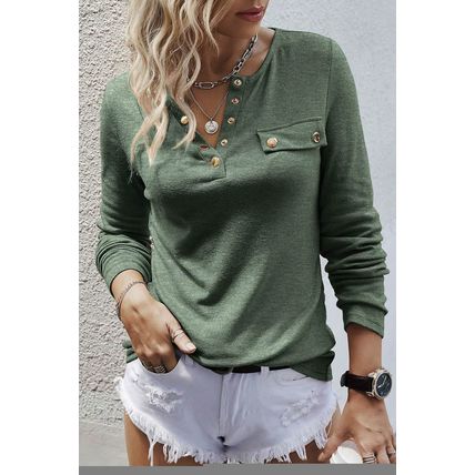 Mist Green Long Sleeve Snap Button Henley Top