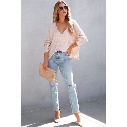 Pink Waffled Knit Long Sleeve V-Neck Frayed Top
