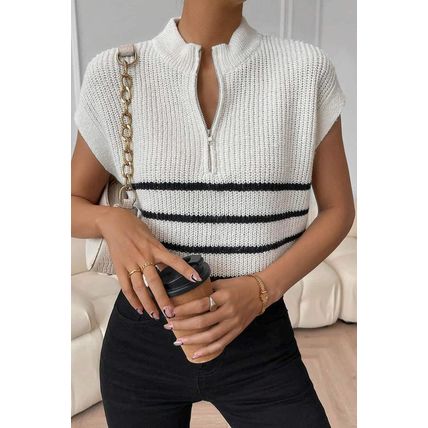 White Stripe Half Zip Split Stand Neck Sweater T-shirt