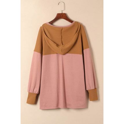 Brown Waffle Knit Patchwork Drawstring V Neck Hoodie