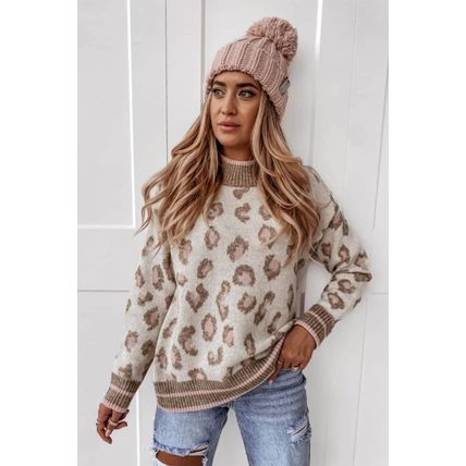 Brown Two-tone Ribbed Trim Contrast Leopard Sweater