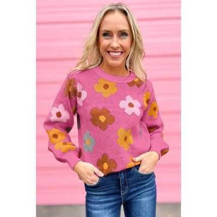 Pink Sweet Flower Knitted Ribbed Hem Sweater