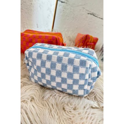 Sky Blue Checkered Knitted Zipper Makeup Bag