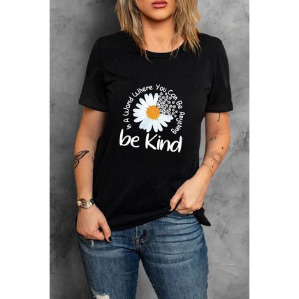 Black be kind Daisy Slogan Print Crewneck Casual Tee
