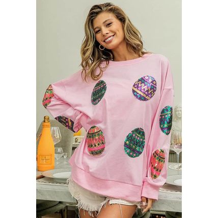 Pink Sequined Easter Egg Drop Shoulder Oversized Sweatshirt