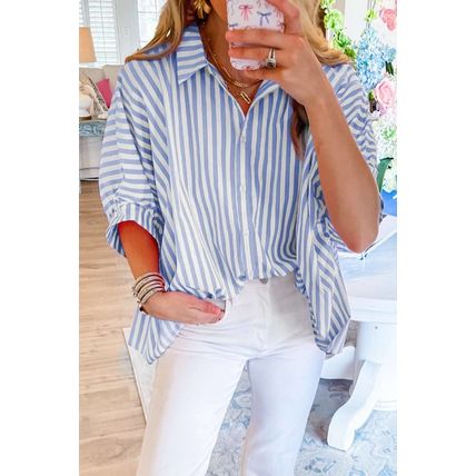 Sky Blue Stripe Dolman Sleeve Oversize Shirt