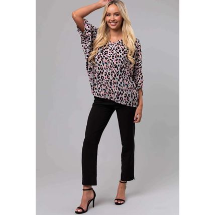 Pink Multicolor Leopard Print V Neck Oversized Blouse