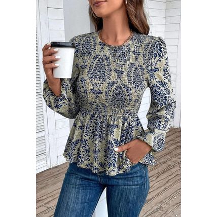 Sky Blue Boho Printed Balloon Sleeve Smocked Peplum Blouse