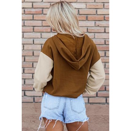 Chestnut Color Block Half Zip Kangaroo Pocketed Hoodie