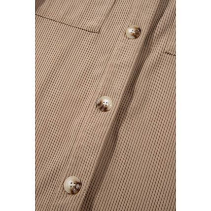 Pale Khaki Hooded Drawstring Pockets Corduroy Shacket