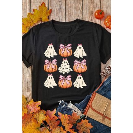 Black Bowknot Ghost Pumpkin Graphic Halloween T Shirt