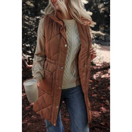 Coffee Longline Quilted Stand Collar Puffer Vest