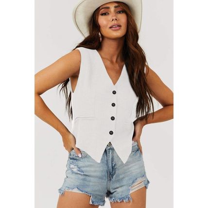 White Solid Color Button up V Neck Suit Vest