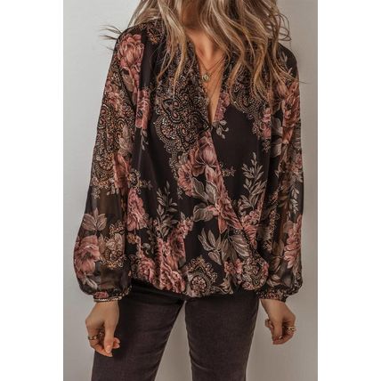 Black Floral Print Criss Cross V Neck Balloon Sleeve Blouse