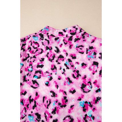 Rose Leopard Print Buttoned Front 3/4 Sleeve Tiered Ruffled Hem Dress