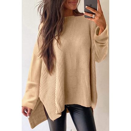 Apricot Cable Knit Drop Shoulder Side Slits Loose Sweater