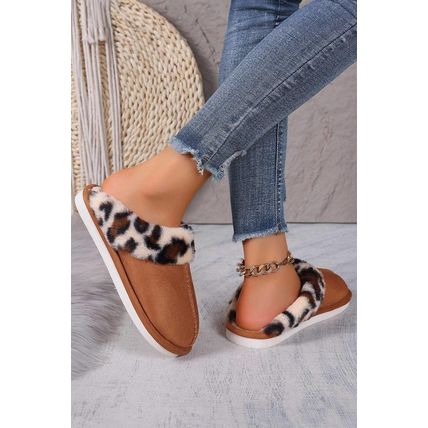 Chestnut Leopard Patched Plush Lined Thick Home Slippers