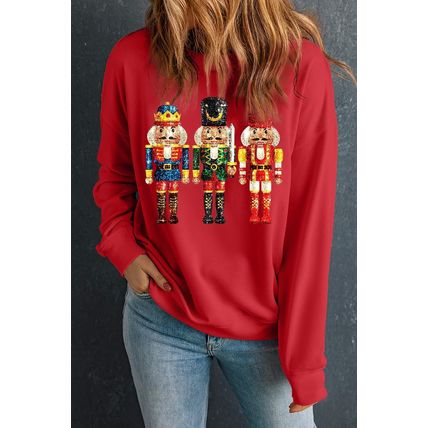 Red Christmas Metallic Nutcracker Graphic Crew Neck Sweatshirt