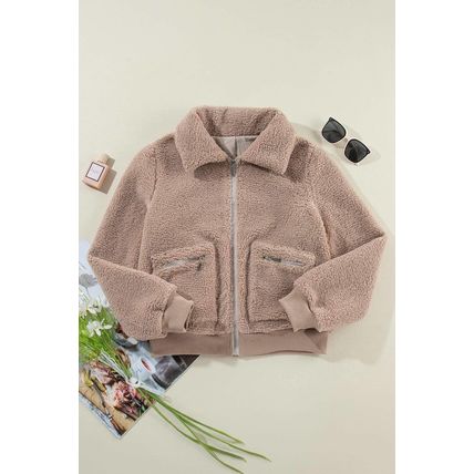 Light French Beige Zipper Pocketed Winter Fuzzy Jacket