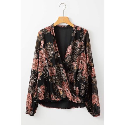 Black Floral Print Criss Cross V Neck Balloon Sleeve Blouse