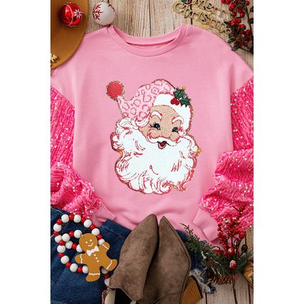 Pink Shiny Father Christmas Graphic Sequin Long Sleeve Top