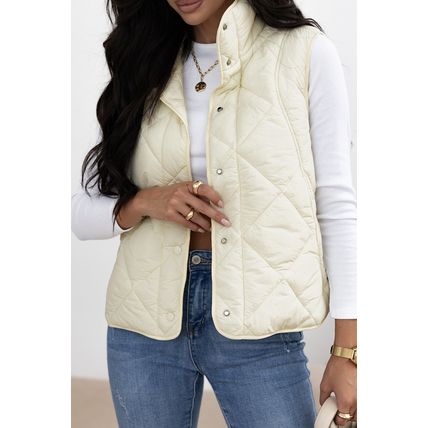 Beige Quilted High Neck Button Up Pocket Vest Coat