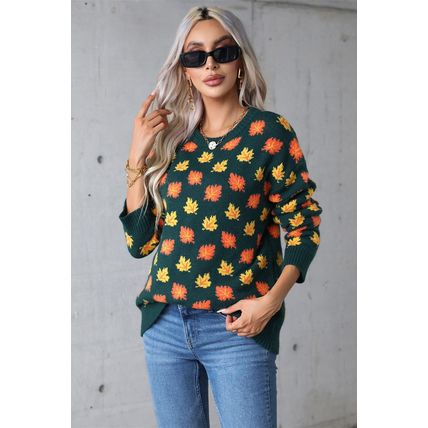 Blackish Green Fall Leaves Pattern Crew Neck Sweater