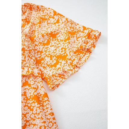 Orange Floral Print Smocked V Neck Wide Sleeve Maxi Dress