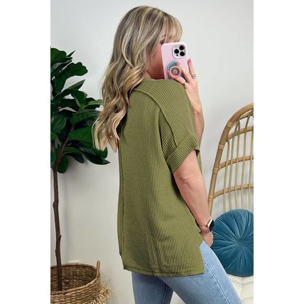 Jungle Green Textured Knit Exposed Stitching T-shirt