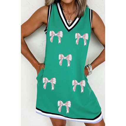 Mint Green Contrast Striped Detail Glitter Baseball Patched V Neck Tank Dress