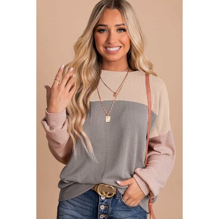 Multicolor Color Block Long Sleeve Ribbed Loose Top