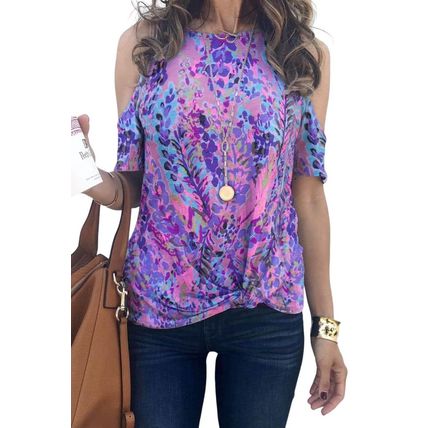 Multicolor Lavender Floral Print Cold Shoulder Blouse