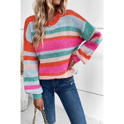 Multicolor Striped Knit Drop Shoulder Puff Sleeve Sweater