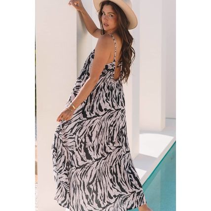 Black Abstract Print Open Back Boho Loose Maxi Sundress