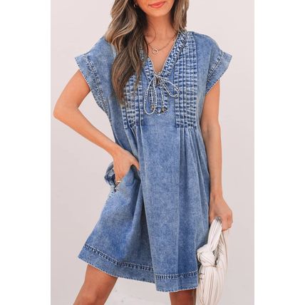Beau Blue Tie V Neck Tucking Detail Short Sleeve Denim Shift Dress