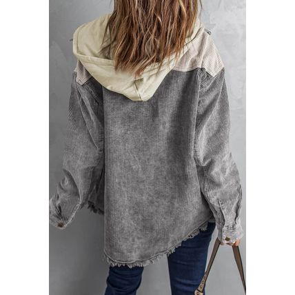 Gray Color Block Button Down Hooded Corduroy Jacket